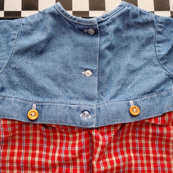 VTG Baby One Piece Outfit Denim Top with Plaid Pants Embroidered Bear Sz 3-6M - Picture 8 of 9